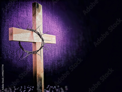 Lent Season,Holy Week and Good Friday concepts - photo of cross shaped in purple vintage background Fototapet