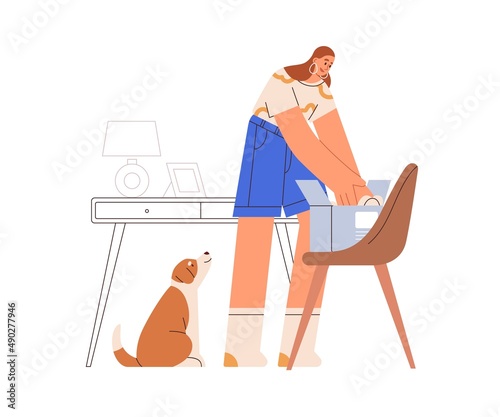 Woman opening box, delivered order. Person unpacking cardboard at home. Young female buyer with parcel package with new purchases. Flat vector illustration isolated on white background