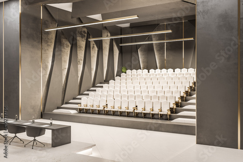 Light luxury concrete lecture hall auditorium interior with seats and other objects. Speech, workshop and graduation concept. 3D Rendering.