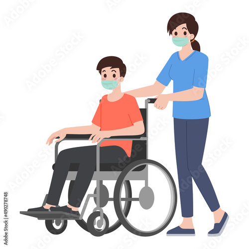 Medical Nurse who wear a protective face mask in Nursing Home Helping Patient. Caregiver carry Wheelchair with a man. People medical Long Term Care Concept. Flat Cartoon Vector Illustration.