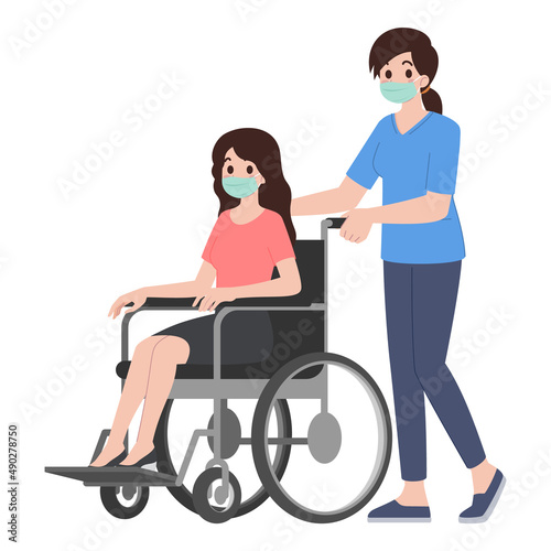 Medical Nurse who wear a protective face mask in Nursing Home Helping Patient. Caregiver carry Wheelchair with a woman. People medical Long Term Care Concept. Flat Cartoon Vector Illustration.