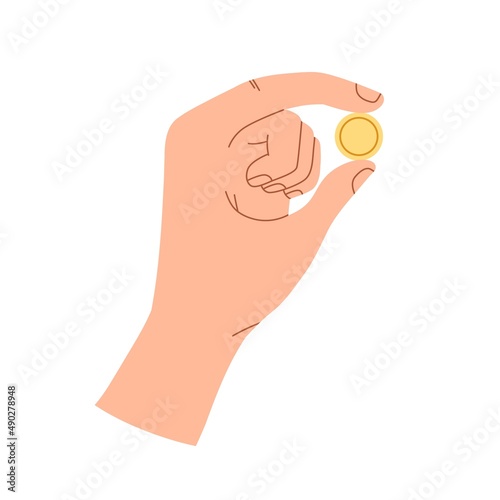 Fingers squeezing gold coin. Hand holding money, penny. Financial bonus, cashback, benefit and support concept. Philanthropist with dollar cent. Flat vector illustration isolated on white background