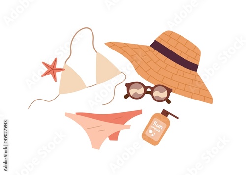 Straw hat, swimwear, sunglasses, sun cream composition. Accessories, clothes for summer travel. Bikini, swimsuit, glasses for sea resort. Flat vector illustration isolated on white background