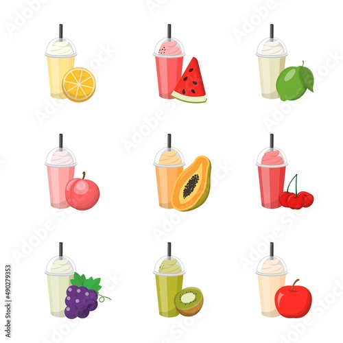 Set of colorful fruit smoothies with cream isolated on white background, sweet and sour delicious drink