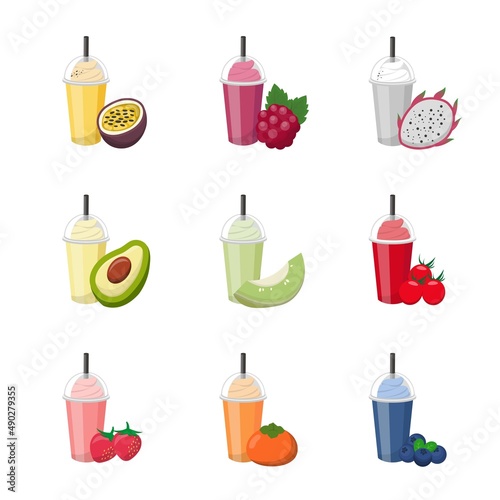 Set of colorful fruit smoothies with cream isolated on white background, sweet and sour delicious drink