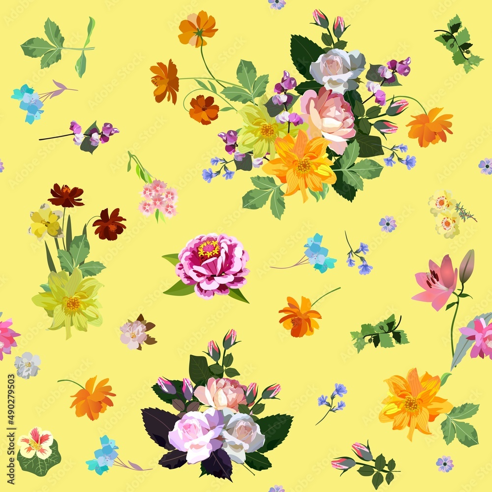 Flowers, leaves, bouquets of flowers isolated on a yellow background. Ditsy floral pattern. Romantic print for fabric. Vector design.