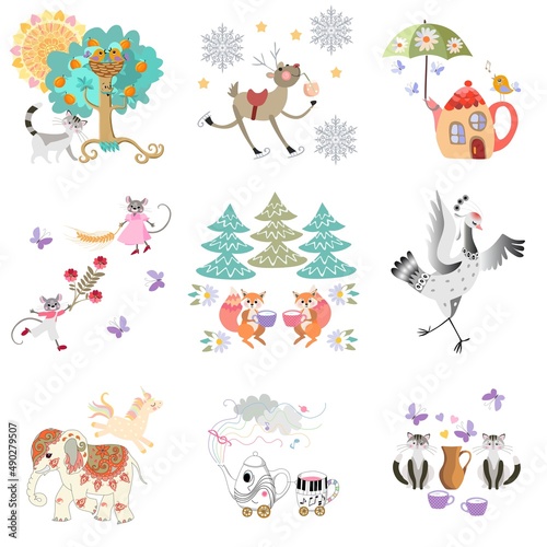 Endless ornament for baby bedding with funny teapots, apricot tree, sun, cats, dancing mice, elephant, unicorn, squirrels, crane, butterflies isolated on white background. Vector illustration.