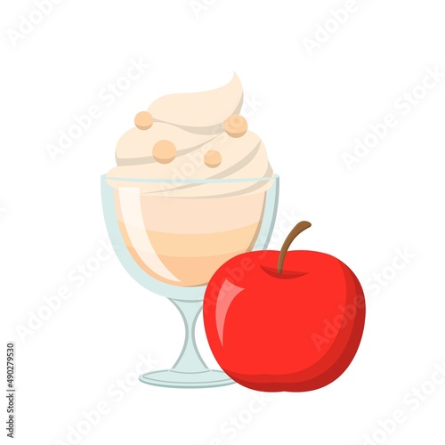 Apple flavored fruit sundae with glass cup isolated on white background