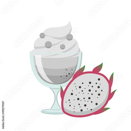 Dragon fruit flavored fruit sundae with glass cup isolated on white background