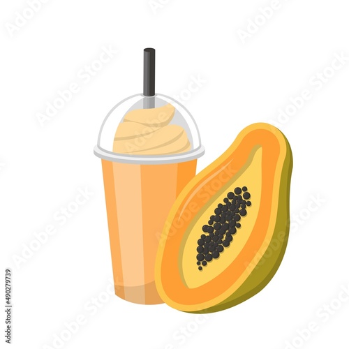 Papaya flavored fruit smoothie with cream isolated on white background