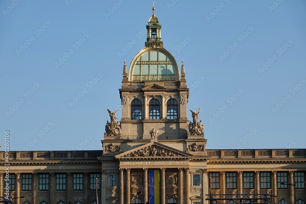 Ukrain flag on National Museum building on Prague as support to Ukraine. High quality photo