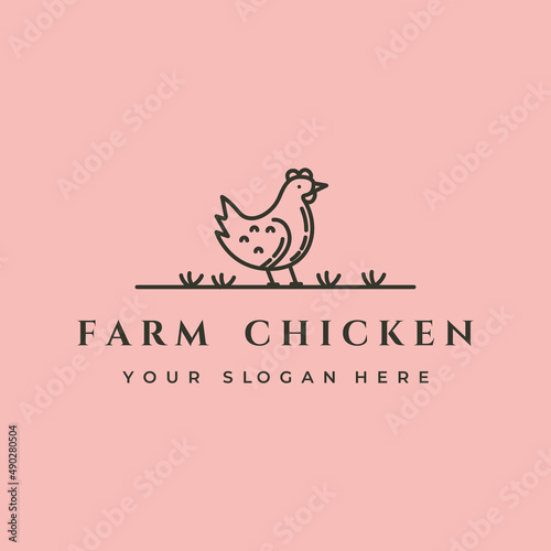 farm chicken line art logo vector symbol illustration design