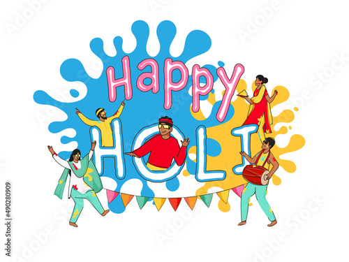 Stylish Happy Holi Font With Indian People Playing Colours, Dhol Instrument And Paint Splash Effect On White Background.