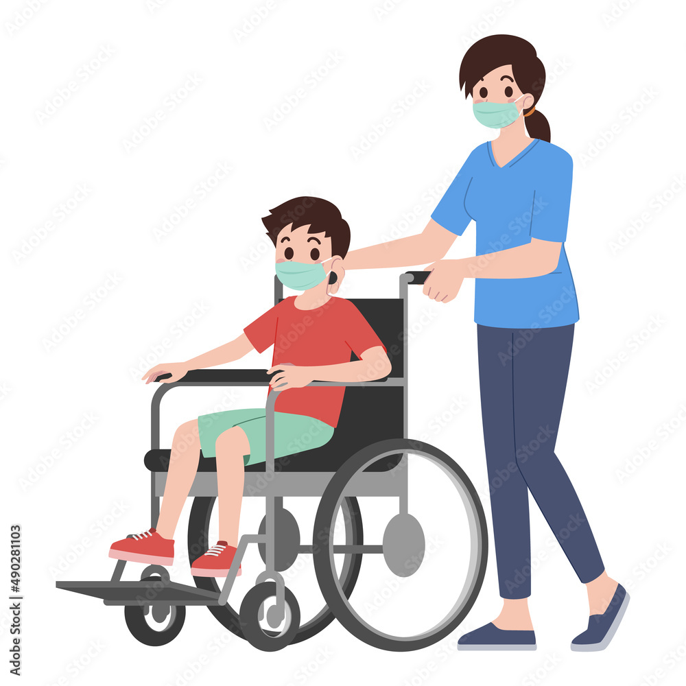 Medical Nurse who wear a protective face mask in Nursing Home Helping Patient. Caregiver carry Wheelchair with a child. People medical Long Term Care Concept. Flat Cartoon Vector Illustration. Medical Nurse who wear a protective face mask in Nursing Home Helping Patient. Caregiver carry Wheelchair with a child. People medical Long Term Care Concept. Flat Cartoon Vector Illustration.