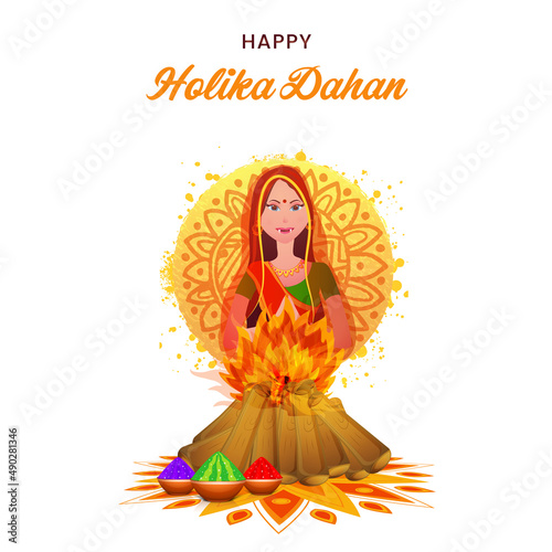Indian festival of colours, Holi concept with Holika (venomous character) burning in fire as per Indian Mythology.