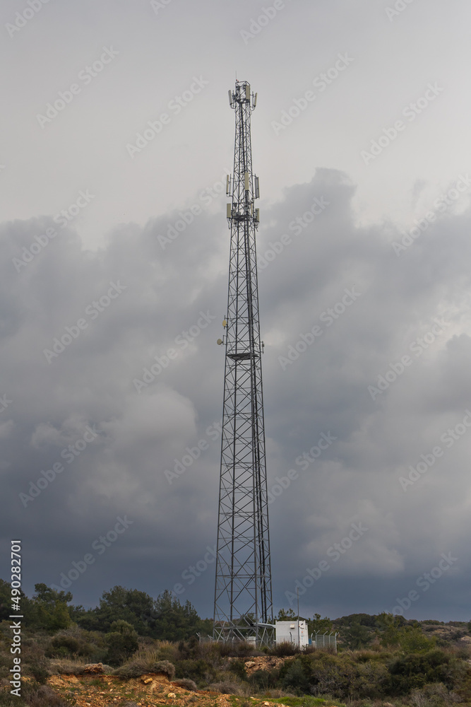 Telecommunication tower . Cell Site Base Station. Wireless Communication Antenna Transmitter. Telecommunication tower with antennas.