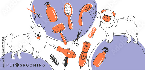 Pet grooming. Cartoon dogs character with different tools for animal hair grooming, haircuts, bathing, hygiene. Pet care salon concept.