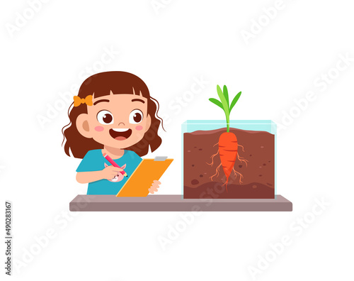 little girl observe plant growing in garden