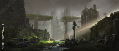 Tableau sur toile City years after humans disappeared, 3D illustration