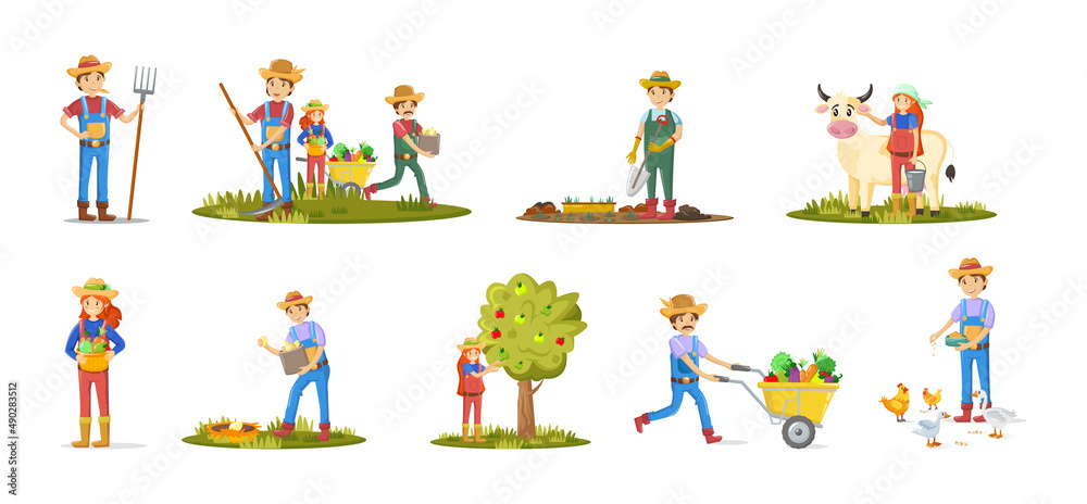 Agriculture farm workers set. Man and woman farmers agricultural planting crops, gathering harvest
