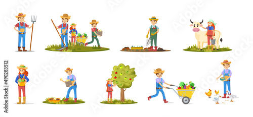 Agriculture farm workers set. Man and woman farmers agricultural planting crops, gathering harvest