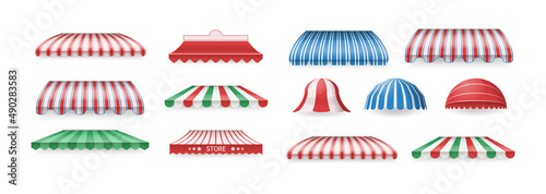 Multicolored striped awning set. Retro store street border over door window blind cover shade