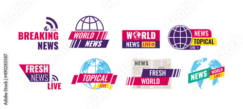 Breaking news labels set. TV live headline titles icon templates. Television broadcasting channel