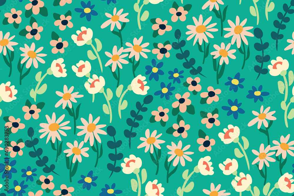 Seamless pattern with chamomile field. Cute floral print with small hand drawn flowers, leaves on a blue field. Romantic botanical background, simple floral surface. Vector illustration.