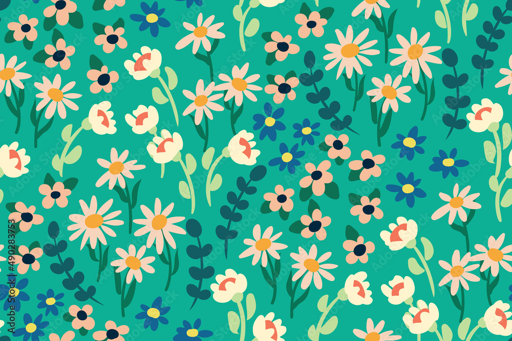 Seamless pattern with chamomile field. Cute floral print with small hand drawn flowers, leaves on a blue field. Romantic botanical background, simple floral surface. Vector illustration. Seamless pattern with chamomile field. Cute floral print with small hand drawn flowers, leaves on a blue field. Romantic botanical background, simple floral surface. Vector illustration.