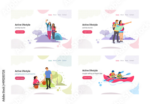 People active lifestyle landing page set couple outdoor leisure activity