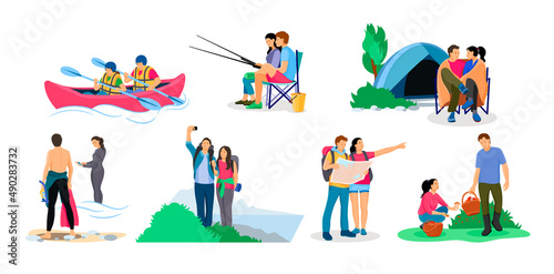 Happy couple enjoying summer outdoor leisure activity set. Man and woman hiking, taking selfie
