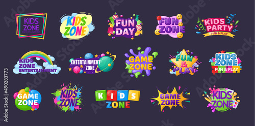 Multicolored kids game zone logotype set. Childish playroom banner label sticker badge logo