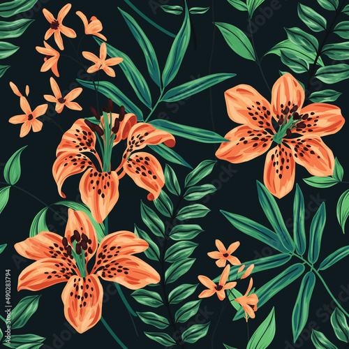 Vintage floral print with large lily flowers, lush foliage on a dark background. Seamless pattern with ornate exotic plants, flowers, leaves. Old fashioned botanical background. Vector.