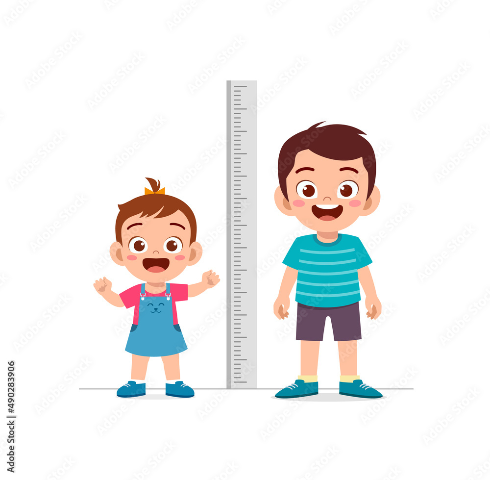boy and girl measure height and compare grow progress Stock Vector