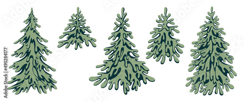 Set of fir trees drawn with abstract shapes. All elements on white background isolated.