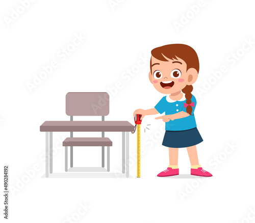 girl holding measure tape and check length of table