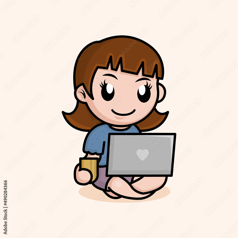 Cute girl drinks tea at a laptop and sits in a lotus position. Freelancer comfortable work sticker. Cute girl drinks tea at a laptop and sits in a lotus position. Freelancer comfortable work sticker.