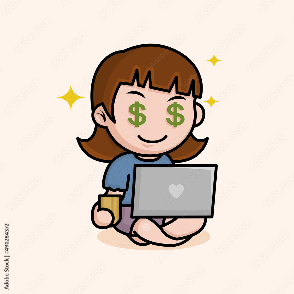 Cute girl won money concept. Woman drinks tea at a laptop and sits in a lotus position. Freelancer comfortable work sticker. Cute girl won money concept. Woman drinks tea at a laptop and sits in a lotus position. Freelancer comfortable work sticker.