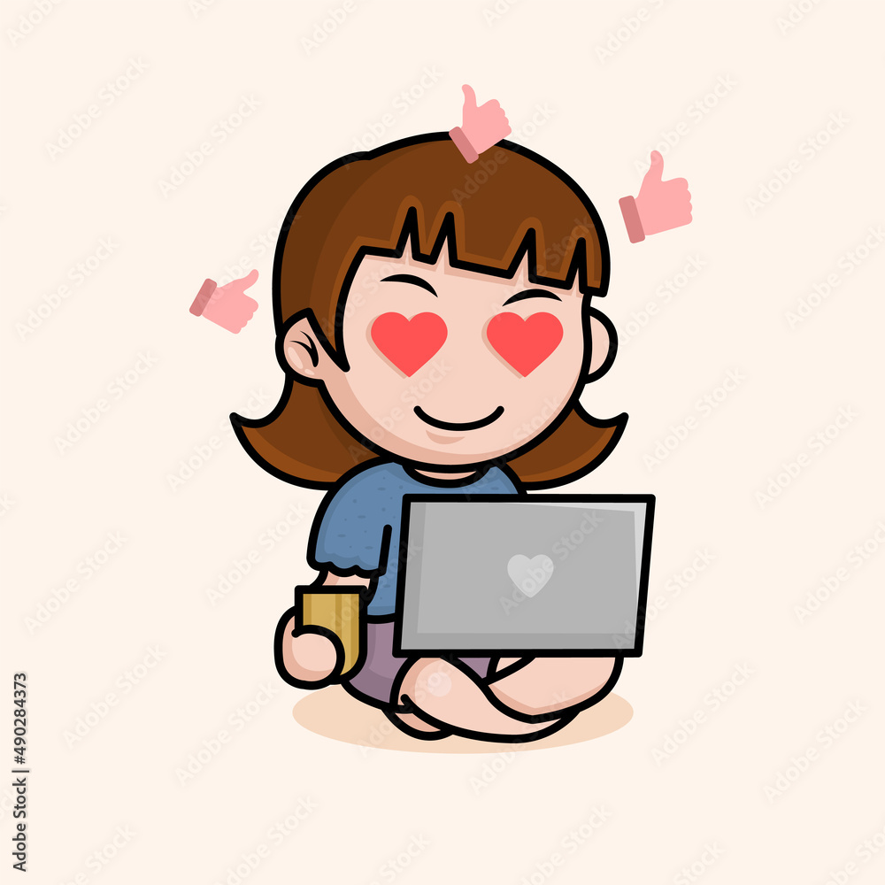 Cute girl drinks tea at a laptop and sits in a lotus position. Woman in love concept. Dating site service concept. Cute girl drinks tea at a laptop and sits in a lotus position. Woman in love concept. Dating site service concept.