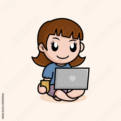 Cute girl drinks tea at a laptop and sits in a lotus position. Freelancer comfortable work sticker.