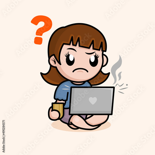 Confused funny girl looking at broken laptop. Computer repair srvice concept. photo