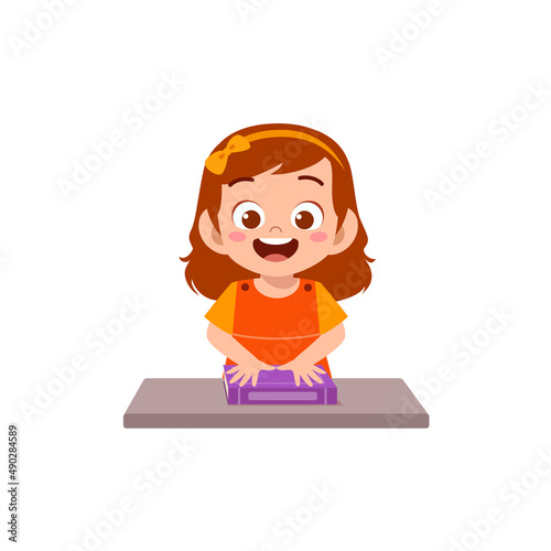 cute little girl measure length using hand span