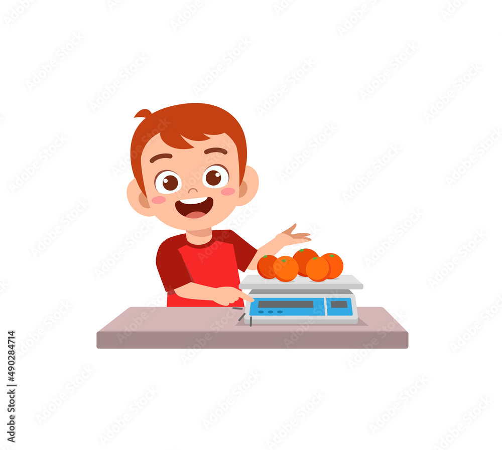 little boy measure weight of fruit using weighing scale little boy measure weight of fruit using weighing scale
