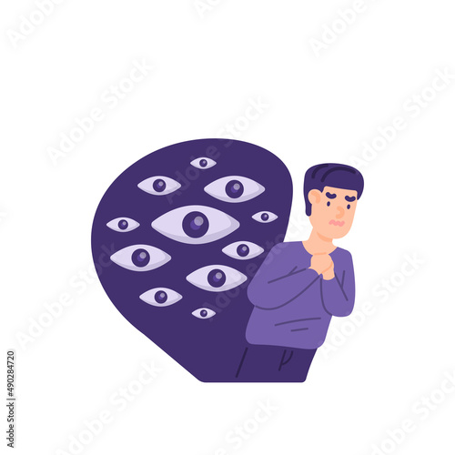 illustration of a man who feels anxious, worried, and frightened because he is being watched. uncomfortable. flat cartoon style. vector design. ui, landing page