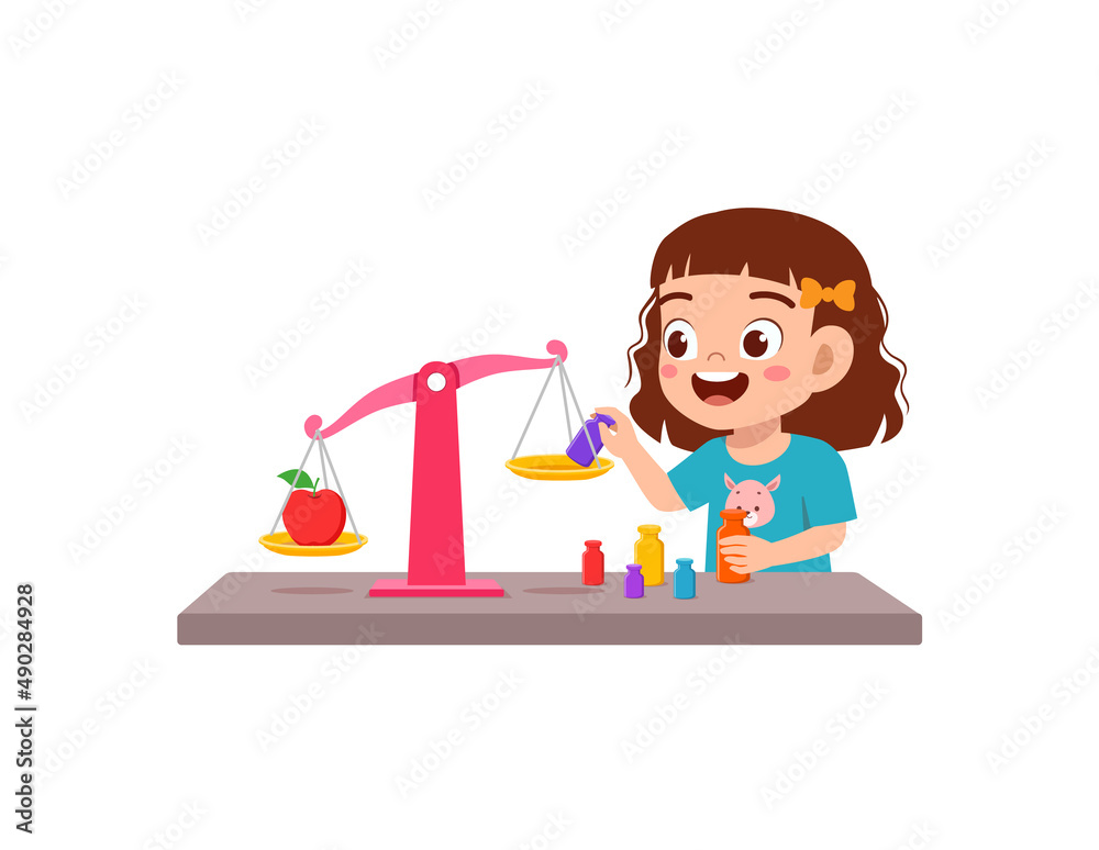 little girl study about weighing scale to balance object