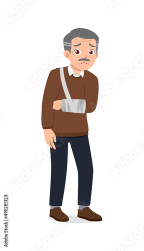 old man have broken arm bone and feel sad