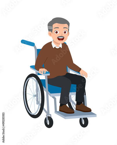 old man sit on wheelchair and feel happy