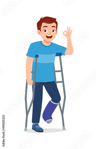 young man have broken leg bone and feel happy