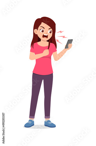 young woman feel angry and scream to phone