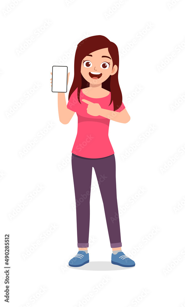 young woman pointing her hand to phone screen